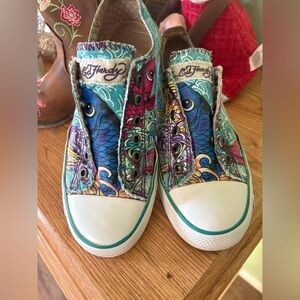 Ed Hardy Women's Teal Multi Fish-Print Slip-On Sneakers - Colorful Graphic